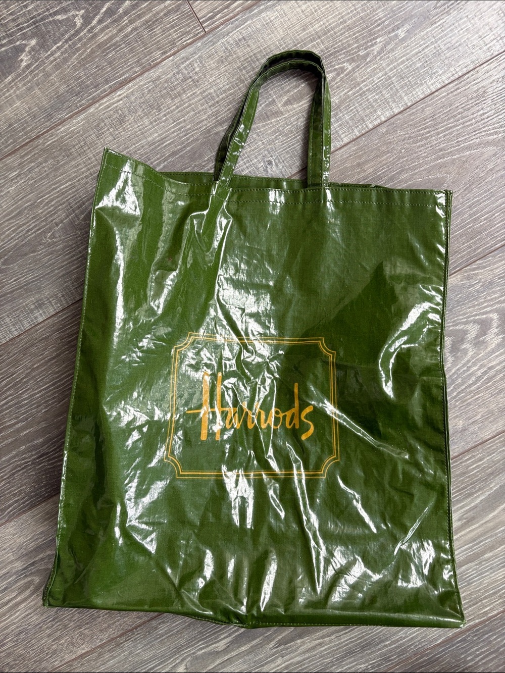Harrods Olive Green Glossy Shopper with Gold Logo
